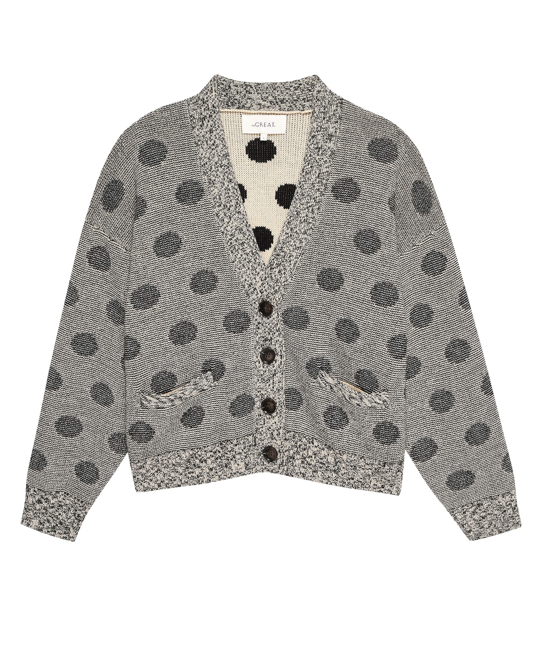 The Slouch Cardigan. -- Licorice Polka Dot SWEATERS THE GREAT. HOL 23 D1 SALE