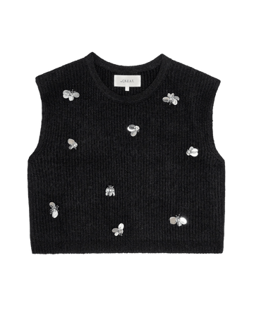Black The Embellished Sweater Vest decorated with silver sequined bee embellishments.