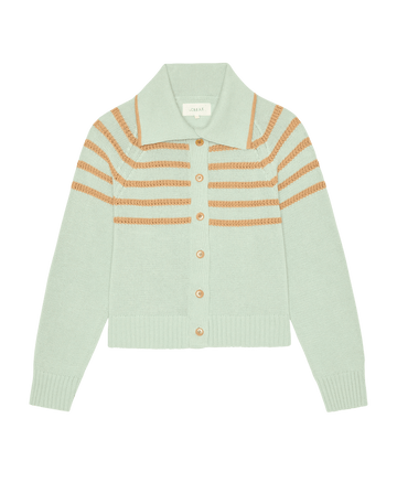 The Scholar Cardigan W/ Crochet Stripes in Seafoam by THE GREAT. features tan crochet stripes, a wide collar, and button-down front.