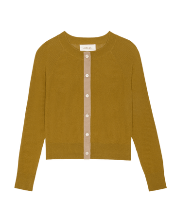 The Dainty Cardigan in Suntan by THE GREAT. SP26 D2 is a mustard yellow women's long-sleeve knit with beige trim and white buttons, displayed laid flat on a white background.