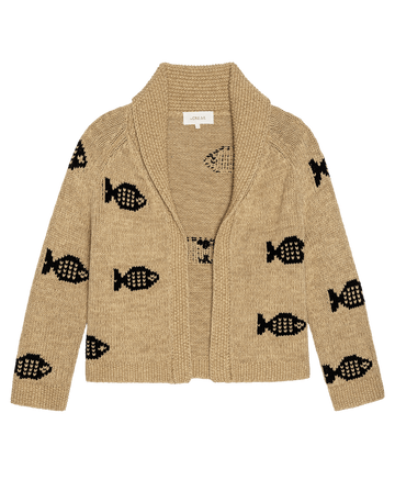 The Swimming Fish Lodge Cardigan by THE GREAT. SU26 in Natural features a beige knit design with a shawl collar and an allover repeating black fish pattern.