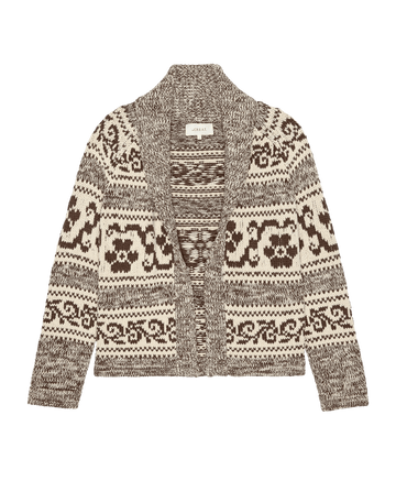 The Nordic Flower Lodge Cardigan by THE GREAT. in Marled Chestnut, featuring a beige and brown knit with geometric and floral patterns, a shawl collar, and long sleeves, is laid flat on a white background.