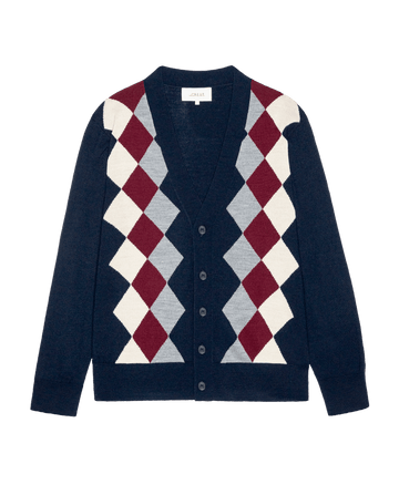 The Argyle Menswear Cardigan in navy blue, a V-neck featuring a diamond-shaped argyle pattern in burgundy, light grey, and cream with a front button closure.