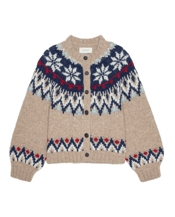 Beige Winter Fairisle Cardigan - Snowflake with a button front and a navy, red, and light blue snowflake pattern across the yoke and cuffs.