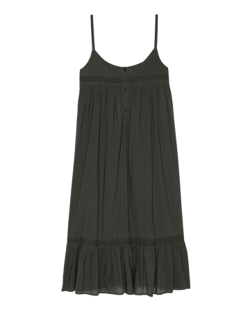 The Eyelet Ruffle Tank Night Dress by THE GREAT. PS25 SLEEP is a sleeveless, black dress with thin straps and buttoned front, highlighted by Victorian-inspired eyelet lace trim accents, crafted from lightweight cotton voile for a breezy feel.