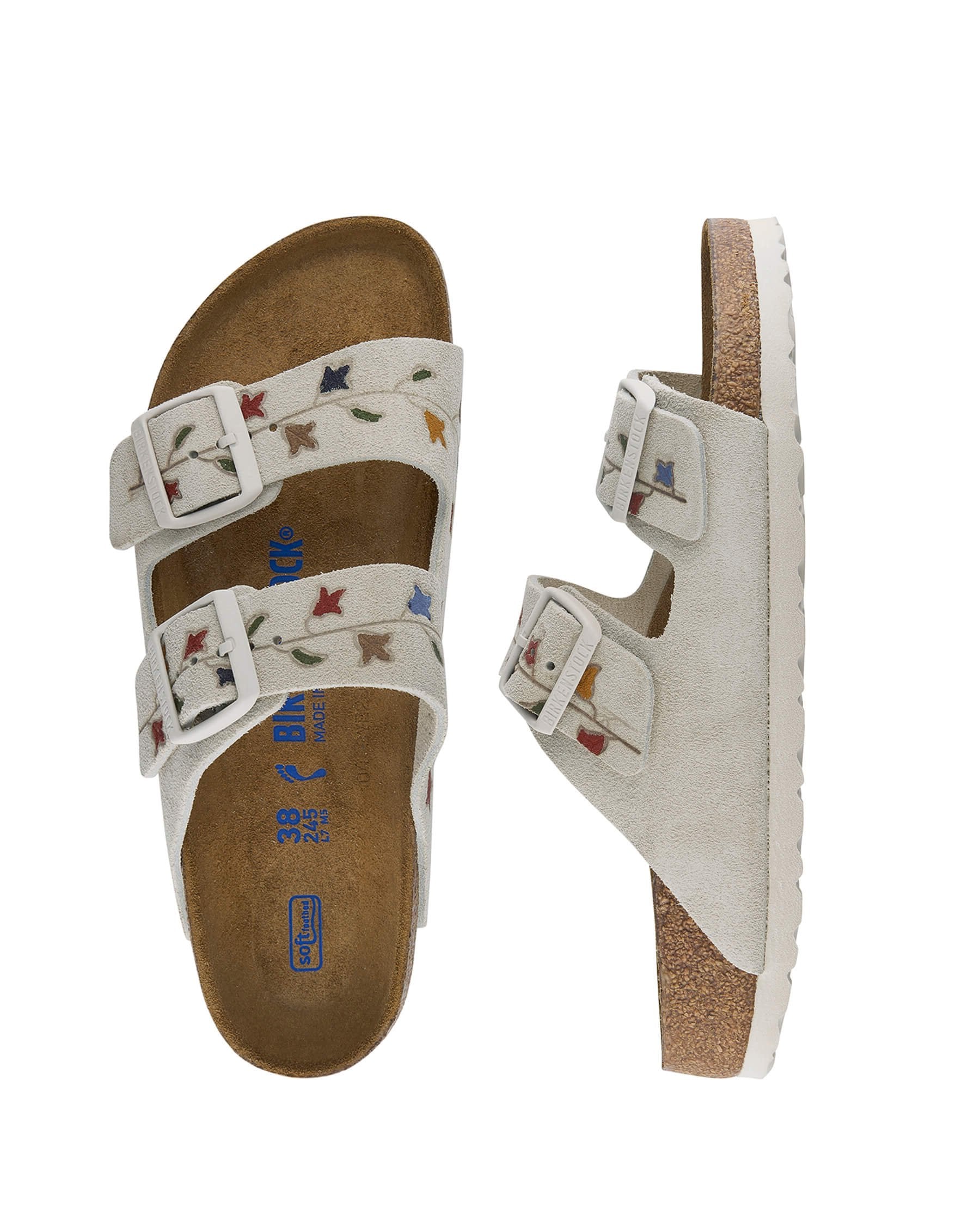 The BIRKENSTOCK Arizona with Hand Painted Tooled Tulip. -- Antique White with Multi SHOE THE GREAT. SU24 BIRKENSTOCK