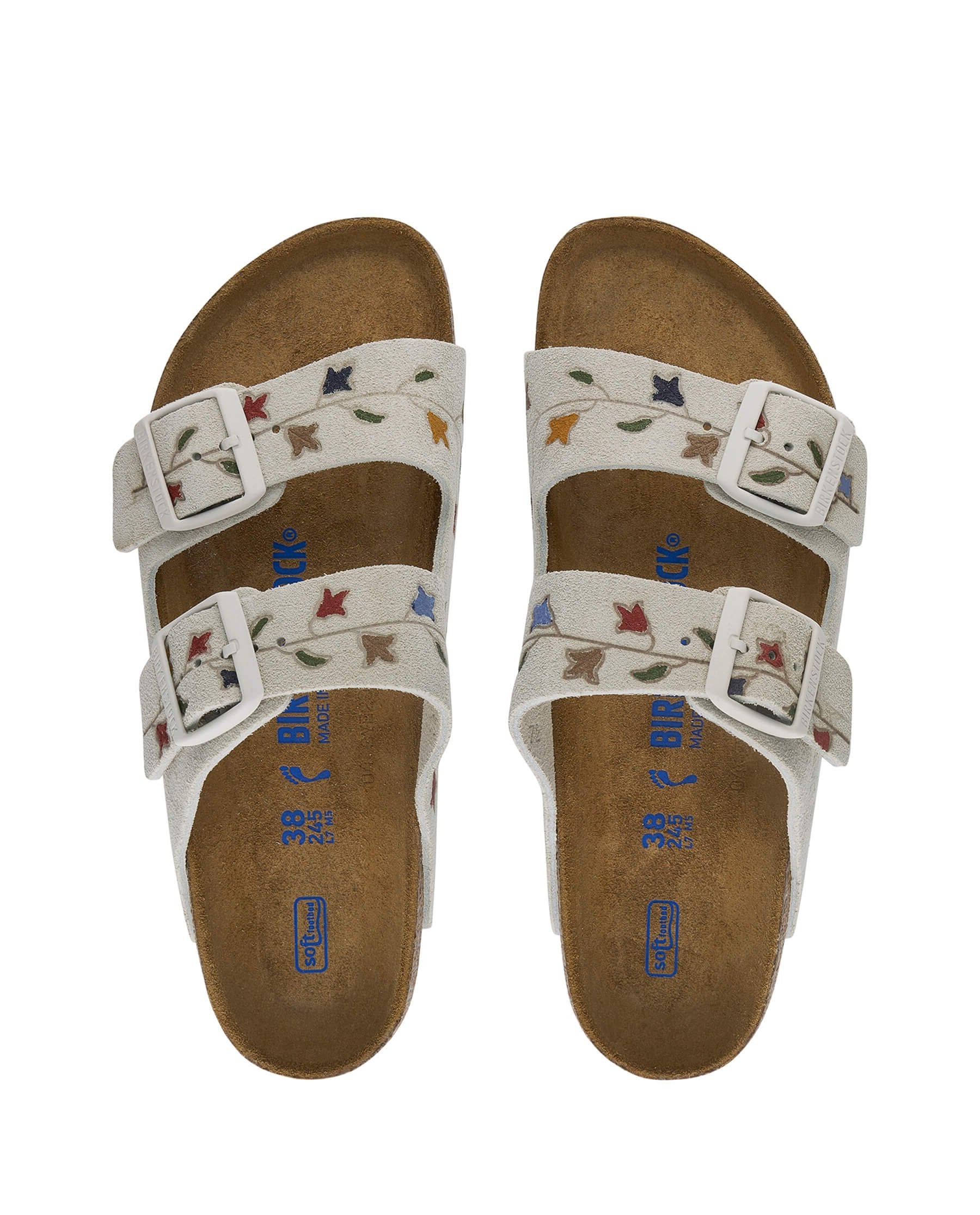 The BIRKENSTOCK Arizona with Hand Painted Tooled Tulip. -- Antique White with Multi SHOE THE GREAT. SU24 BIRKENSTOCK