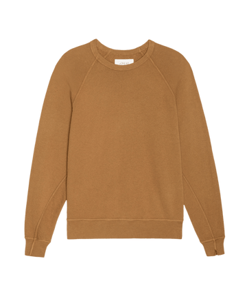The College Sweatshirt by THE GREAT. SU26 SEASONAL CORE in Solid Cork features a crewneck, long sleeves, and ribbed cuffs and hem, shown laid flat on a white background.