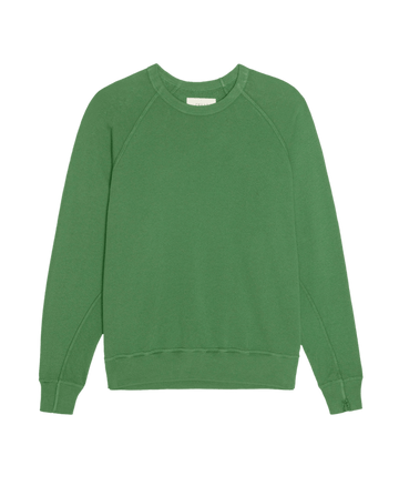 The College Sweatshirt in Solid Fennel by THE GREAT. SU26 SEASONAL CORE features a classic crewneck, long sleeves, ribbed cuffs and hem; shown laid flat on a white background.