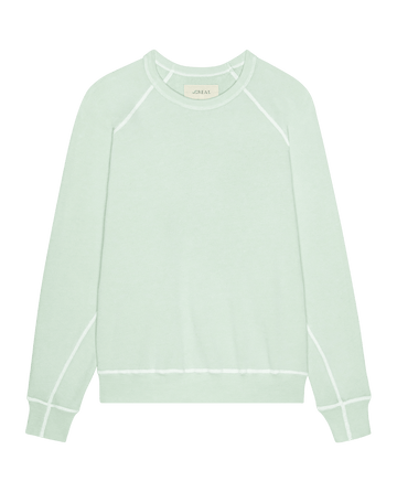 The Fleece College Sweatshirt in Fresh Mint: a long-sleeve sweatshirt with white exposed seams and a fleece interior.