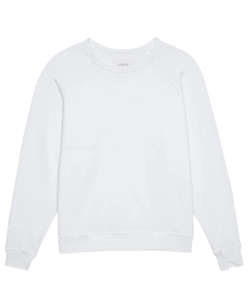 The College Sweatshirt. Solid -- True White by THE GREAT. SP25 KNITS is an oversized, handcrafted crewneck with long sleeves, shown laid flat for timeless comfort and style.