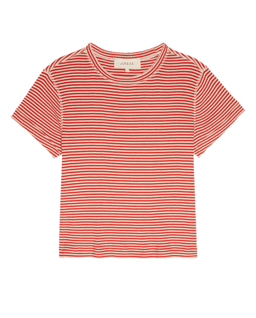 The Little Tee by THE GREAT. SU26 in Pimento Stripe is a short-sleeved, red and white striped top with a round neckline and slightly cropped hem, shown laid flat.