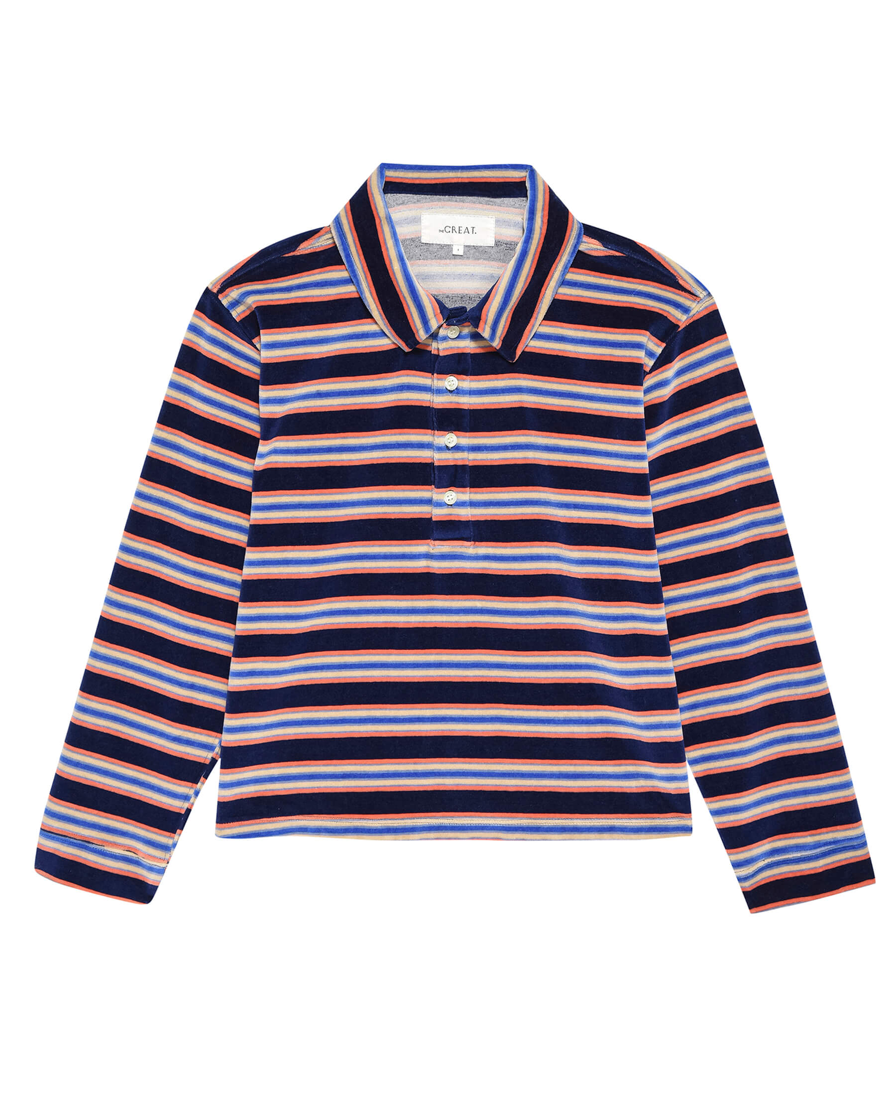 The Velour Rugby Sweatshirt. -- Scrimmage Stripe SWEATSHIRTS THE GREAT. HOL 23 VELOUR SALE