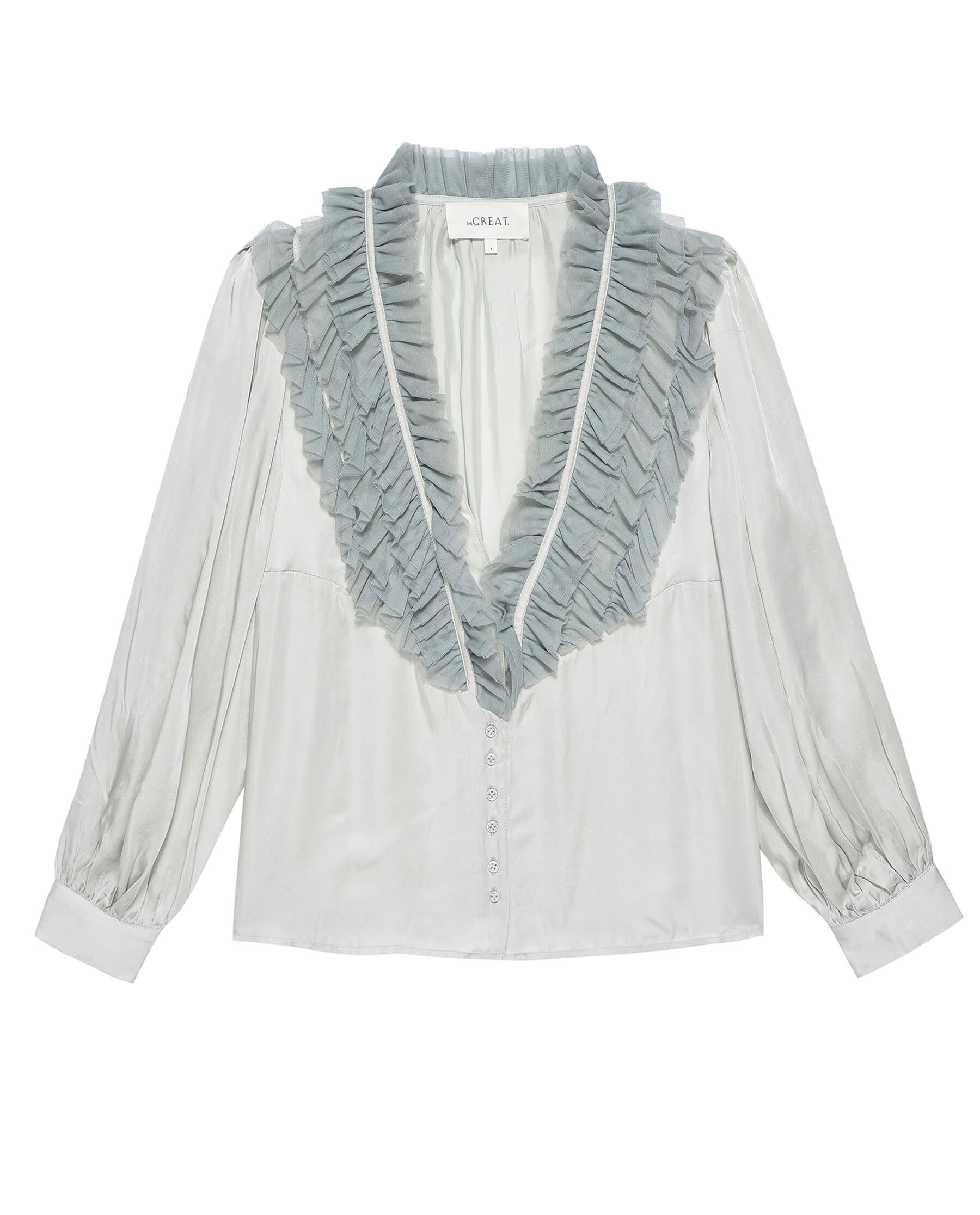 The Ruffled Tuxedo Top. -- Silver with Icy Blue SHIRTS THE GREAT. HOL 23 VISCOSE MESH SALE