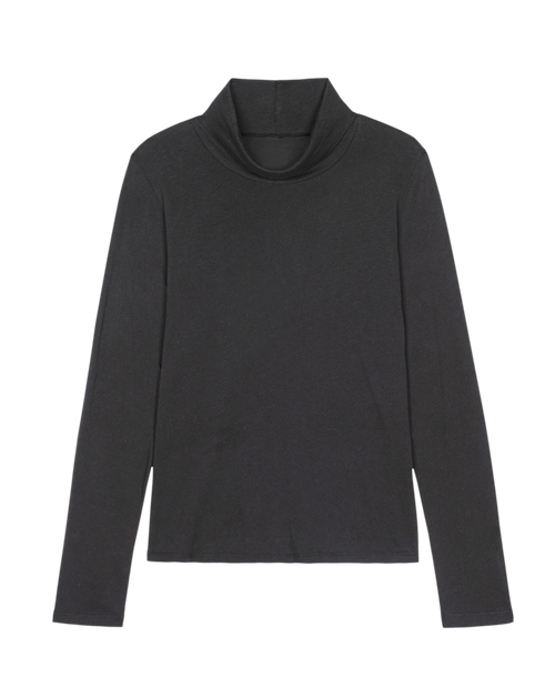 A classic black long-sleeve turtleneck from THE GREAT. HOL 24 TURTLENECKS, set against a crisp white background, embodies timeless fashion elegance and is aptly named "The Turtleneck. -- Almost Black".