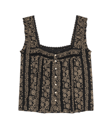 The Victorian Pleat Tank by THE GREAT. SU26 features a black and cream token floral pattern, a square neckline with lace trim, button-down front, and sleeveless Victorian-inspired pleats.