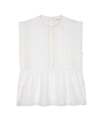 The Sonnet Top by THE GREAT. in True White features a sleeveless design with lace trim, a round neckline, vertical lace accents on the bodice, and a gathered peplum hem.