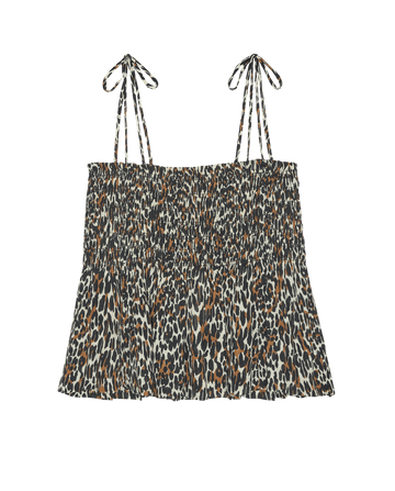 The Tide Smocked Top – Leopard by THE GREAT. SP26 SWIM features a chic brown, black, and white leopard print with adjustable spaghetti straps—perfect for stylish summer outfits.