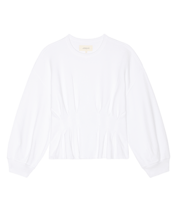 The Slouchy Corset Sweatshirt in True White by THE GREAT. SP26 DANCER BODIES features subtle waist gathers and a long-sleeve crewneck design, shown laid flat on a white background.
