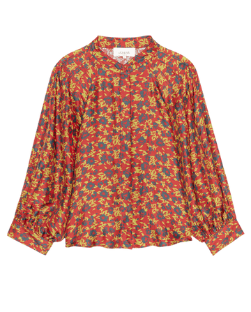 Elevate your wardrobe with The Ashland Top – Gilded Poppy by THE GREAT. F26 D1. This chic women's blouse showcases a rich red hue accented with yellow leaf motifs, long sleeves with buttoned cuffs, and a classic round collar for timeless sophistication. Designed with a loose fit, The Ashland Top offers both comfort and style, making it the perfect versatile piece for any occasion.