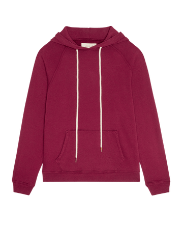 Plum-colored The Fleece Pullover Hoodie with long sleeves, a kangaroo pocket, and cream-colored drawstrings.