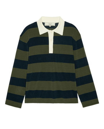 The Academy Polo Sweater – Army League Stripe by THE GREAT. F26 COLLECTORS features wide horizontal navy and olive green stripes, a crisp white collar, and a three-button front placket.