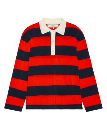 Introducing THE GREAT. F26 COLLECTORS' The Academy Polo Sweater in Hot Red League Stripe—a long-sleeve rugby polo featuring bold red and navy blue stripes, a classic white collar, and a buttoned placket.