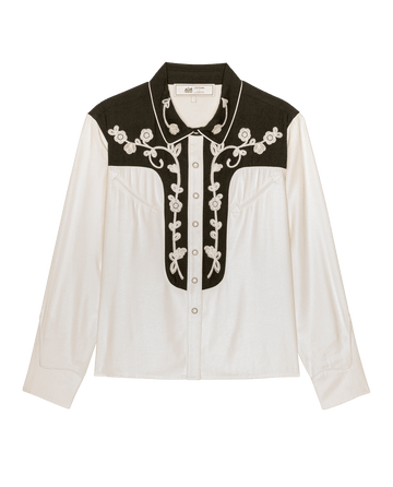 Cream and black color block long-sleeve button-up Western shirt with white floral embroidery on the shoulders and chest—a standout piece from our THE GREAT. F26 STETSON collaboration, The Color Block Embroidered Western Shirt.