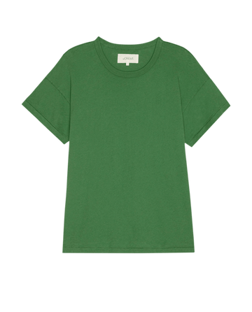 The Boxy Crew. Solid -- Fennel by THE GREAT., a women's short-sleeve boxy t-shirt in green, is shown laid flat on a white background.