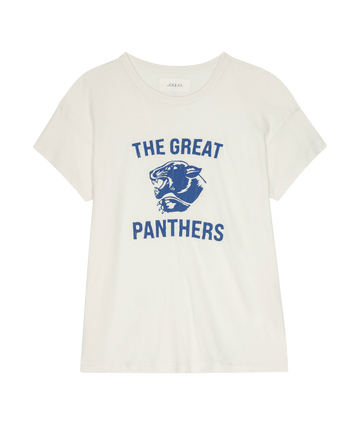 A washed white boxy crew t-shirt by THE GREAT. F26 D1, featuring bold blue text that reads "THE GREAT PANTHERS" and a striking growling panther graphic printed in the center.