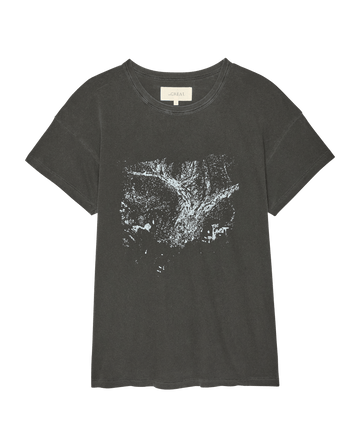 THE GREAT. SP26 D2’s The Boxy Crew W/ Shadow Oak Graphic in washed black features a white abstract tree design on the front, displayed against a plain background.