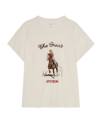 The Boxy Crew With Stetson Graphic in washed white by THE GREAT. STETSON SP26 features a cowboy riding a horse with "The Great STETSON" printed above and below the graphic.