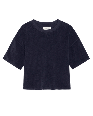 The Micro Terry Track Crew by THE GREAT. SU26 in navy, a short-sleeve micro terry T-shirt with a crew neckline, is displayed flat against a white background.