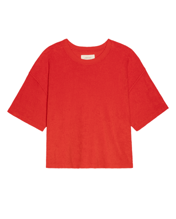 The Micro Terry Track Crew in Pimento by THE GREAT. SU26—a soft micro terry, plain red crew neck short-sleeve tee—displayed on a white background.