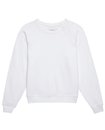 The Shrunken Sweatshirt in True White from THE GREAT. FALL 24 KNITS, inspired by vintage designs with ribbed cuffs and hem, is displayed flat on a white background.