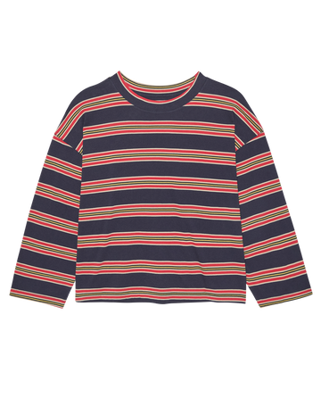 The Field Tee - Scout Stripe by THE GREAT. SP26 D1 features long sleeves and horizontal navy, red, yellow, and white stripes, shown laid flat on a white background.