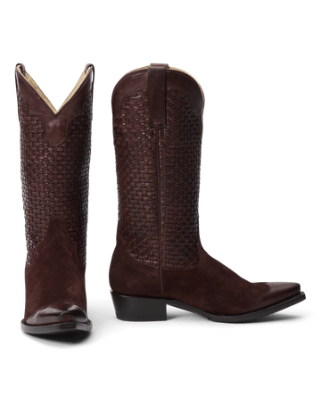 The Basket Weave Cowboy Boot in Oxblood by THE GREAT. F26 STETSON, featuring woven leather shafts and pointed toes, is displayed upright on a white background.