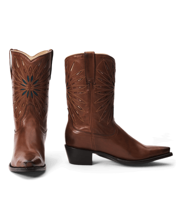 A pair of THE GREAT. F26 STETSON Southwest Cowboy Boots in Chestnut with Turquoise Sunburst, featuring decorative stitching and pointed toes—one boot facing forward and the other displaying the side view against a white background.