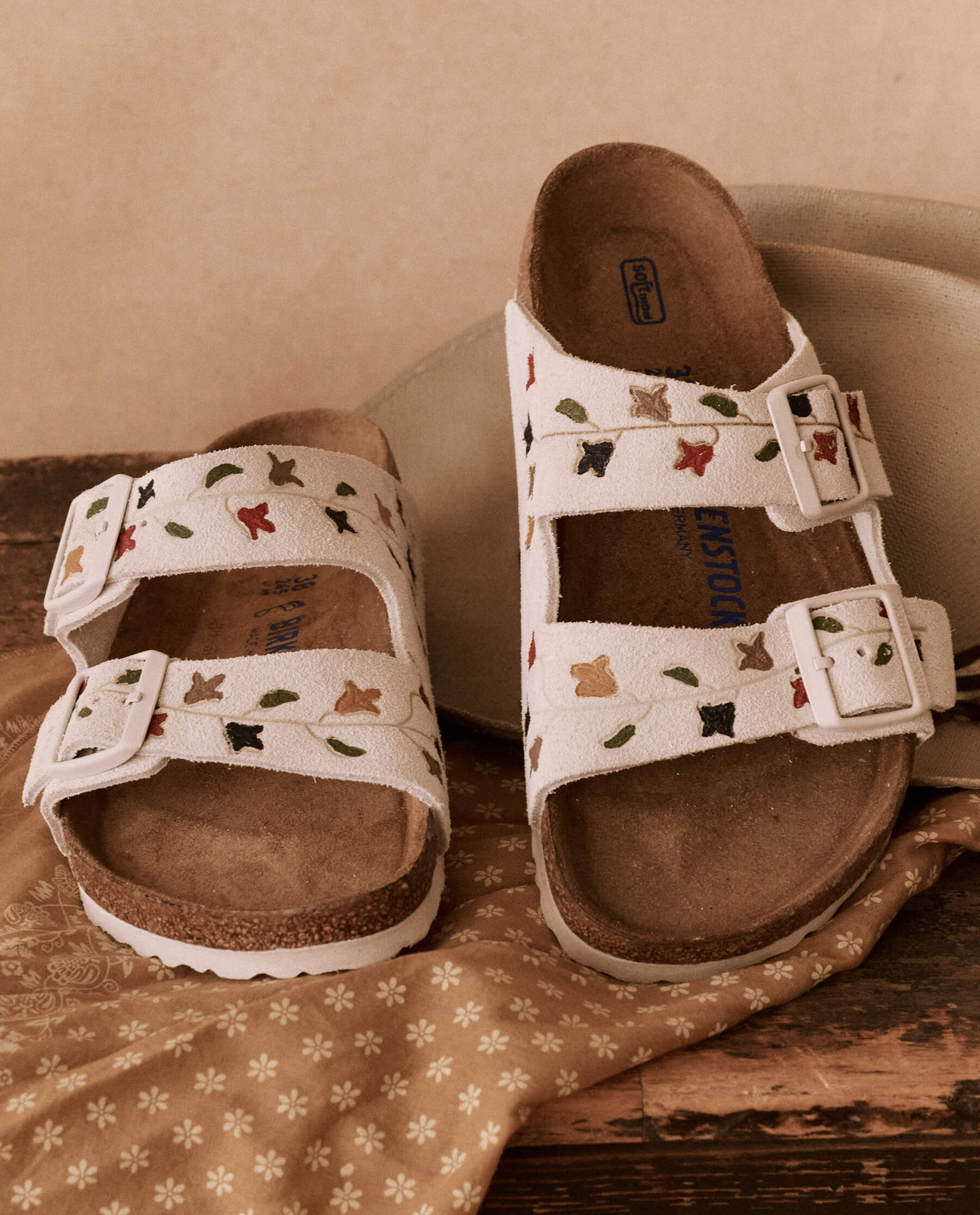 The BIRKENSTOCK Arizona with Hand Painted Tooled Tulip. -- Antique White with Multi SHOE THE GREAT. SU24 BIRKENSTOCK