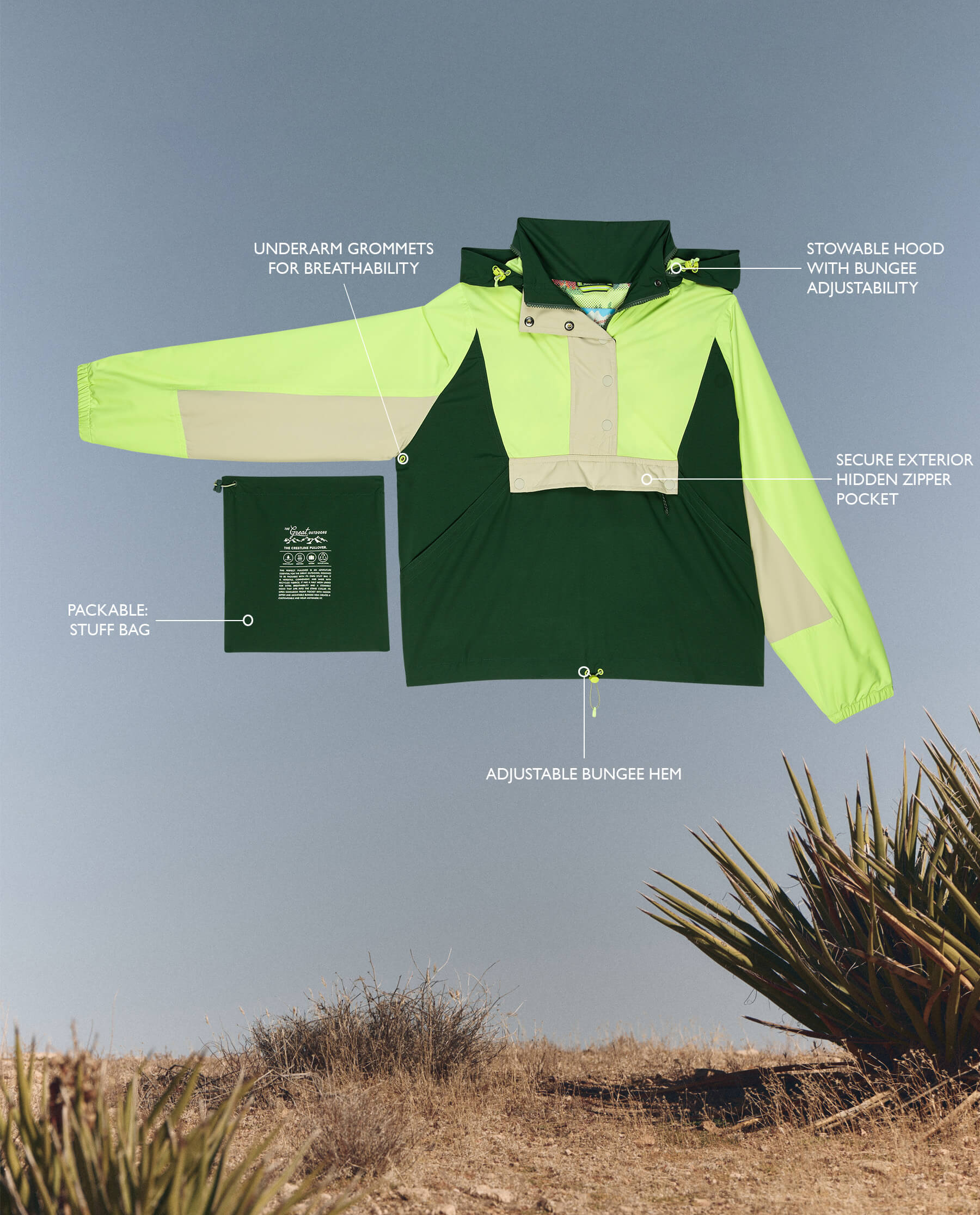 The Crestline Pullover. -- Moss and Citron Colorblock JACKET THE GREAT. SP24 TGO