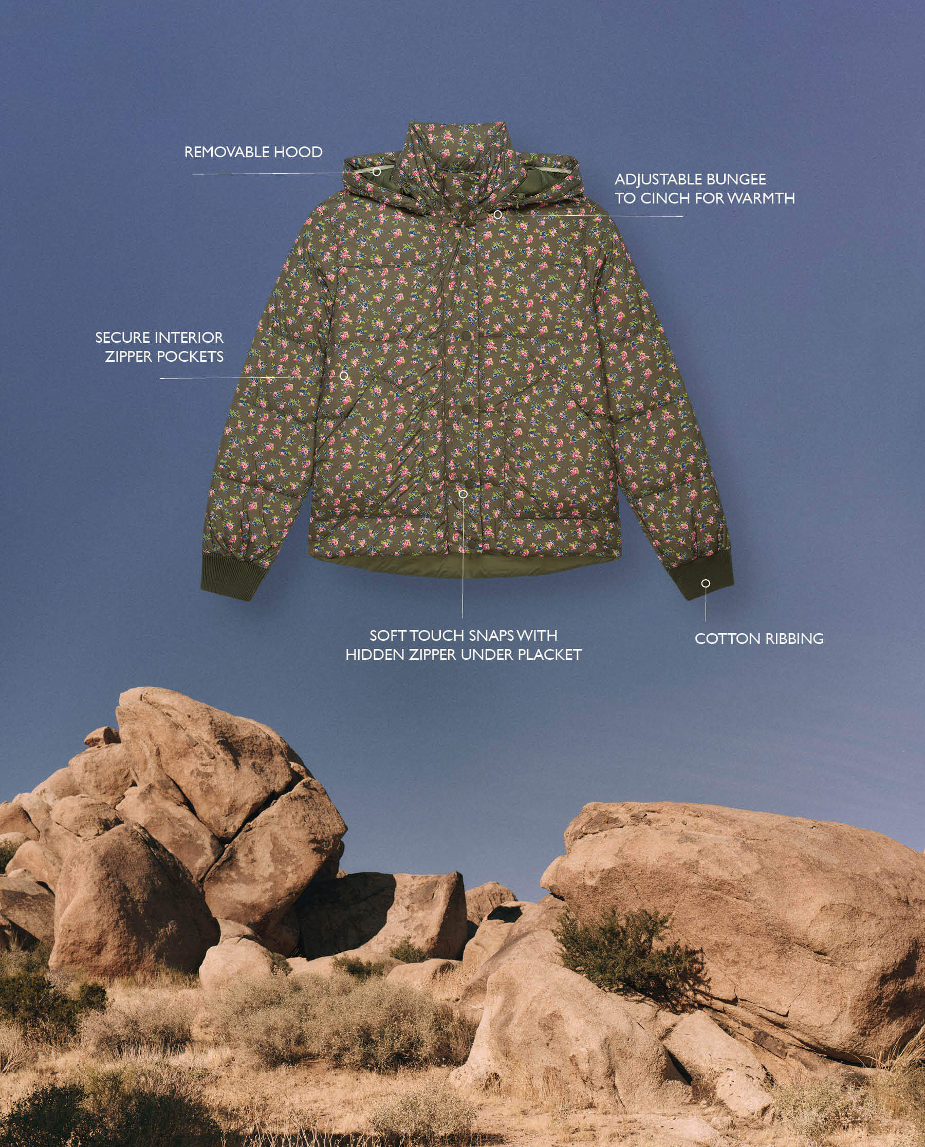 The Down Polar Puffer. -- Cypress Basin Floral JACKET THE GREAT. PS24 TGO SALE
