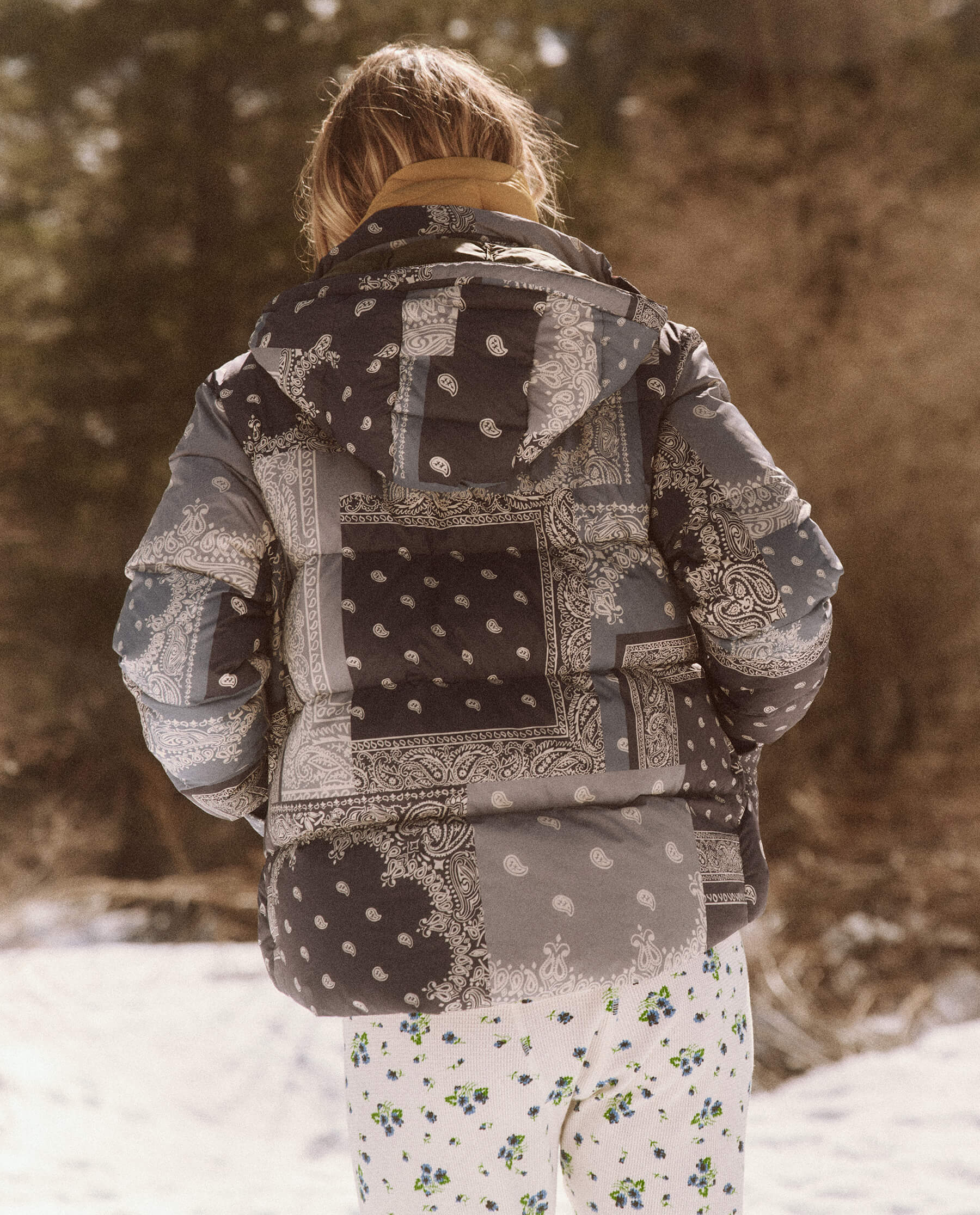 The Down Polar Puffer. -- Patchwork Bandana and Evergreen JACKET THE GREAT. FALL 23 TGO SALE