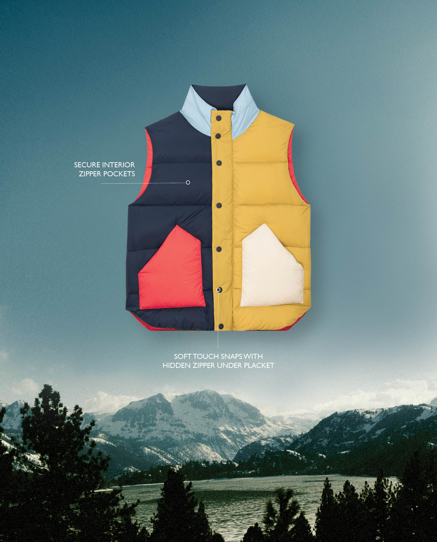 The Down Polar Vest. -- Appalachian Colorblock VEST THE GREAT. FALL 23 TGO