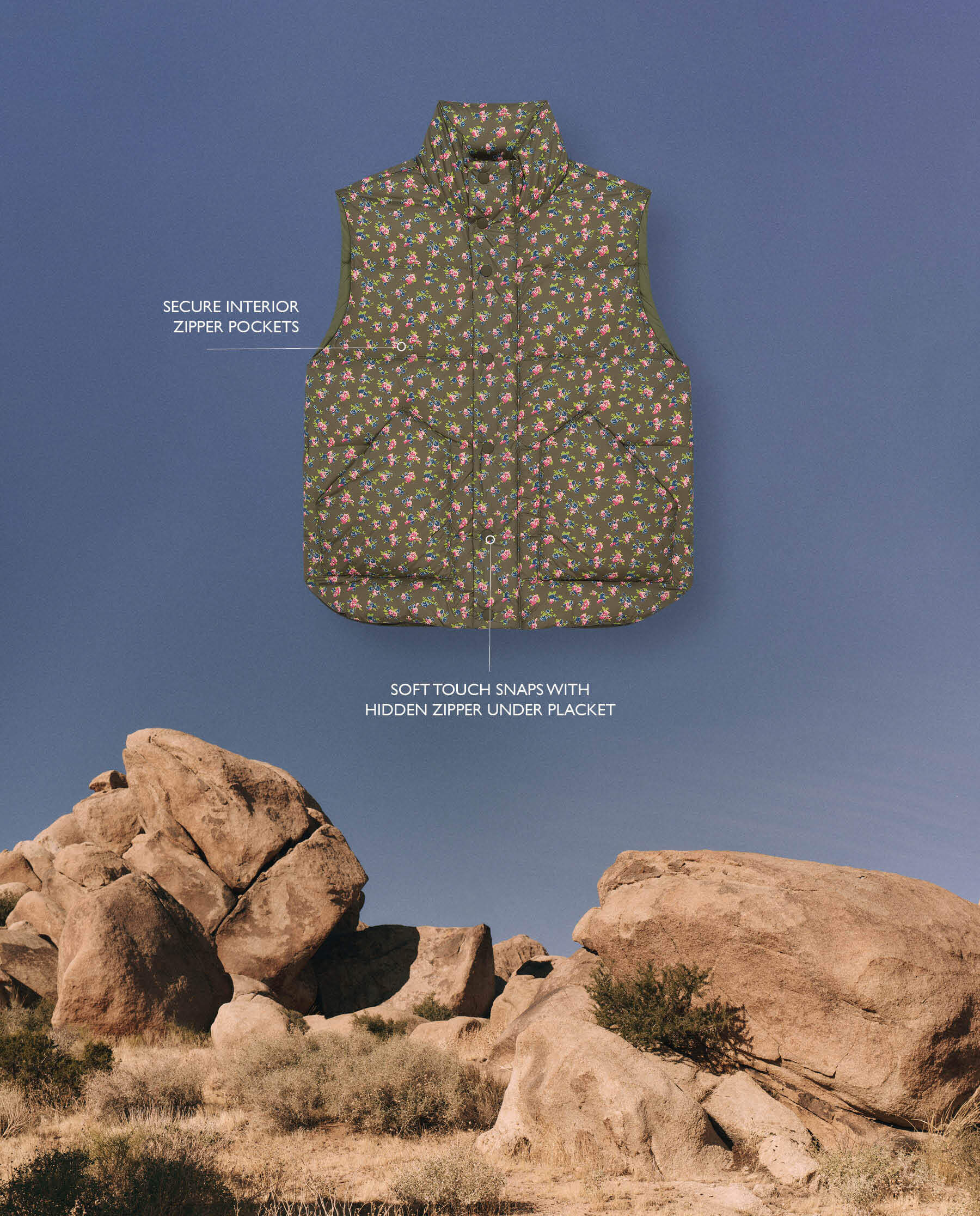 The Down Polar Vest. -- Cypress Basin Floral VEST THE GREAT. PS24 TGO SALE