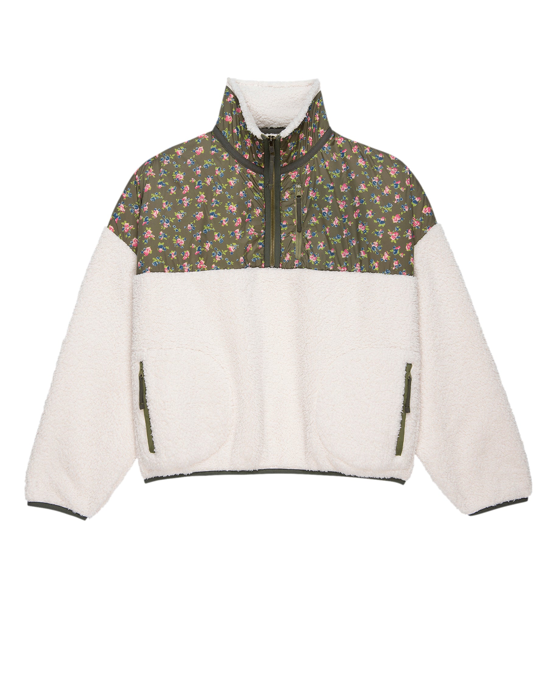 The Plush Colorblock Terrain Half Zip. -- Cypress Basin Floral and Snowdrift SWEATERS THE GREAT. PS24 TGO SALE