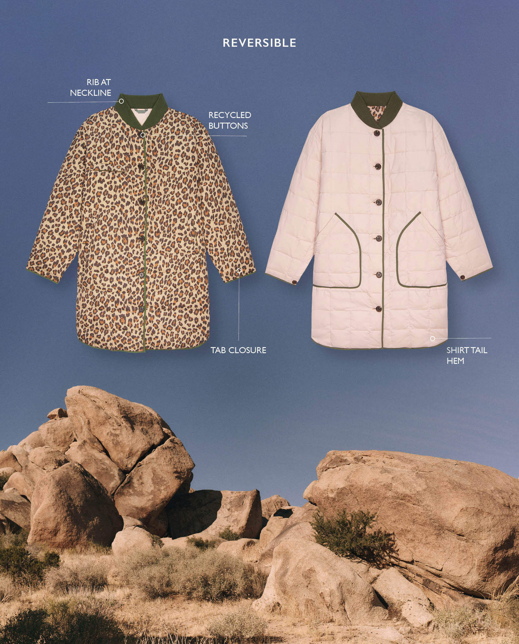 The Reversible Down Treeline Puffer. -- Blush and Snow Leopard