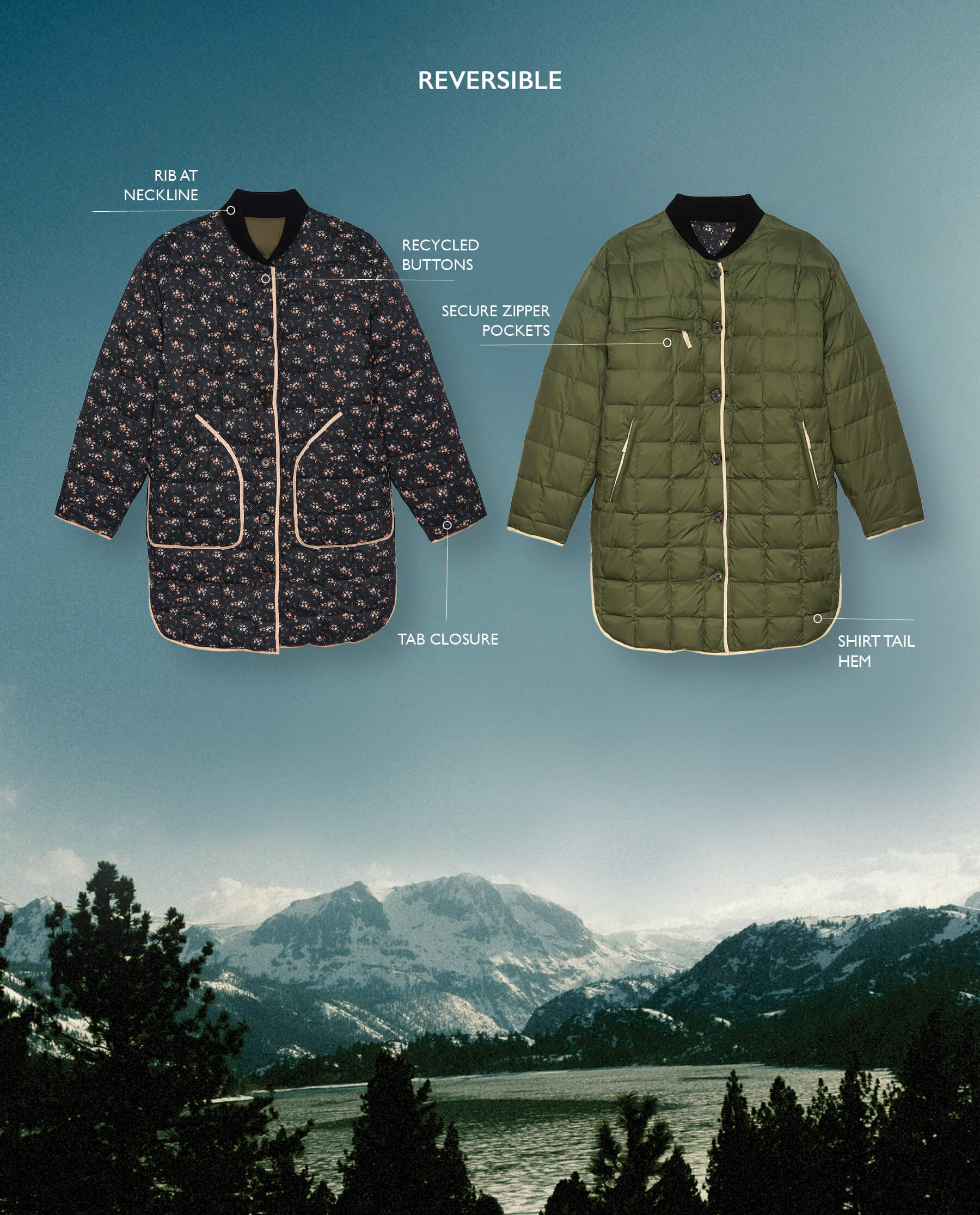 The Reversible Down Treeline Puffer. -- Wilderness Floral and Evergreen JACKET THE GREAT. FALL 23 TGO SALE