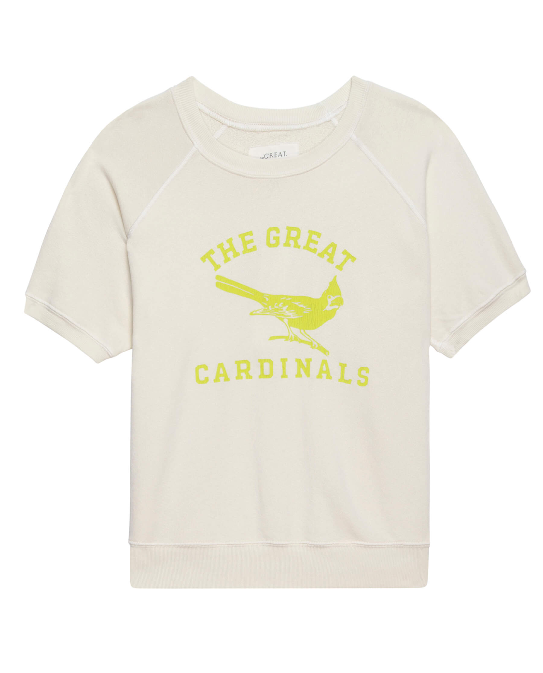 The Short Sleeve Sweatshirt. Graphic -- Washed White with Perched Cardinal Graphic SWEATSHIRTS THE GREAT. SP24 D2