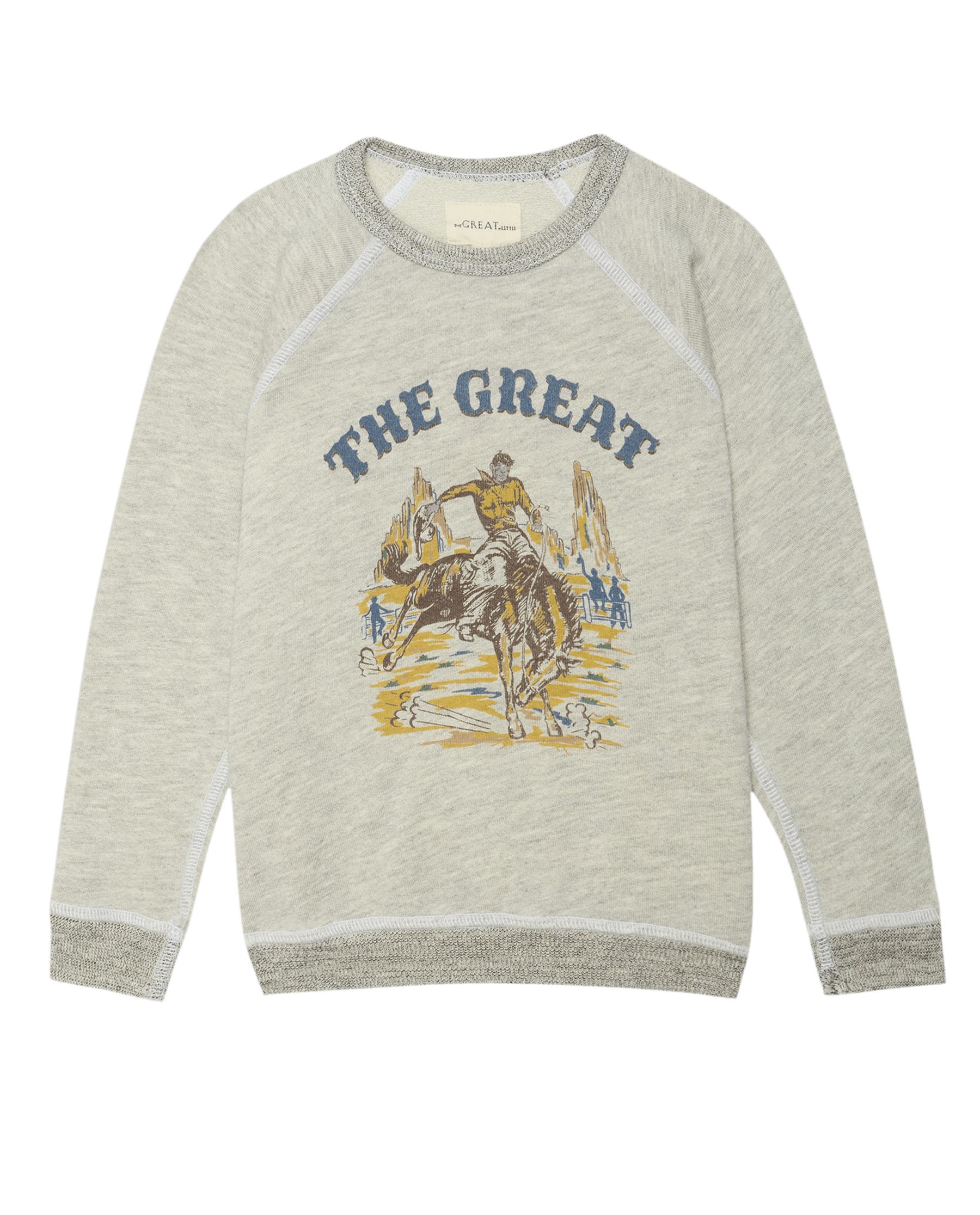 The Little College Sweatshirt. Graphic -- Soft Heather Grey with Rodeo Graphic SWEATSHIRTS THE GREAT. FALL 24 LITTLE