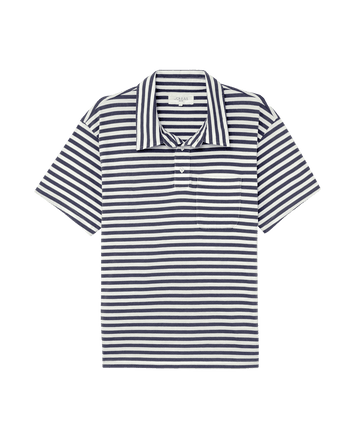The Men's Lacrosse Polo by THE GREAT., featuring vintage blue stripes, short sleeves, and a front pocket, is displayed flat on a white background.